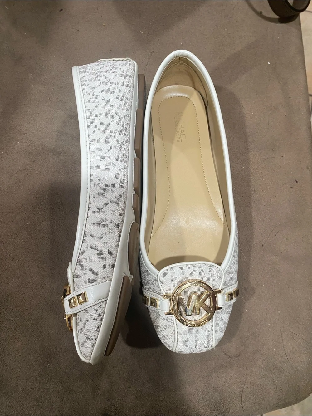 Michael Kors White MK Logo Leather Trim Ballet Flats